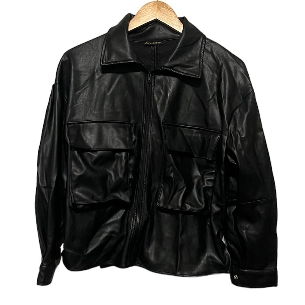 Shinestar Faux Leather Large Front Pockets Zip Up Jacket Small